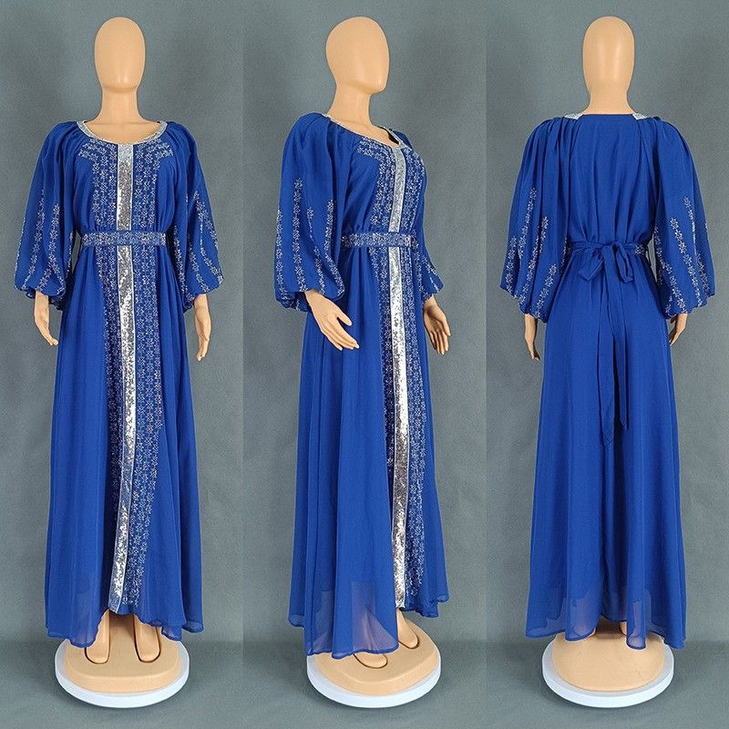 

Fashion Cross-Border Women s Clothing Middle East Ethnic Style Rhinestone Dress Chiffon Puff Sleeve Dress Containing Belt Dresses Royal Blue One size