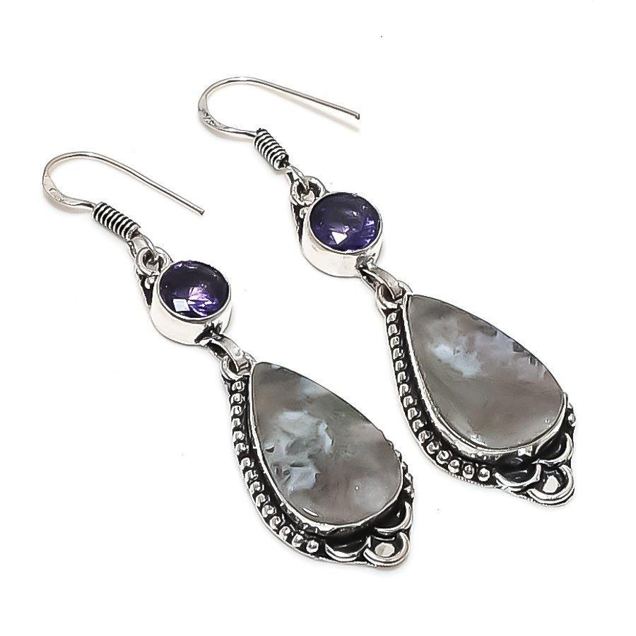 Natural Indian Moss Agate, Amethyst 925 Sterling Silver Earring 2.48" t5o74