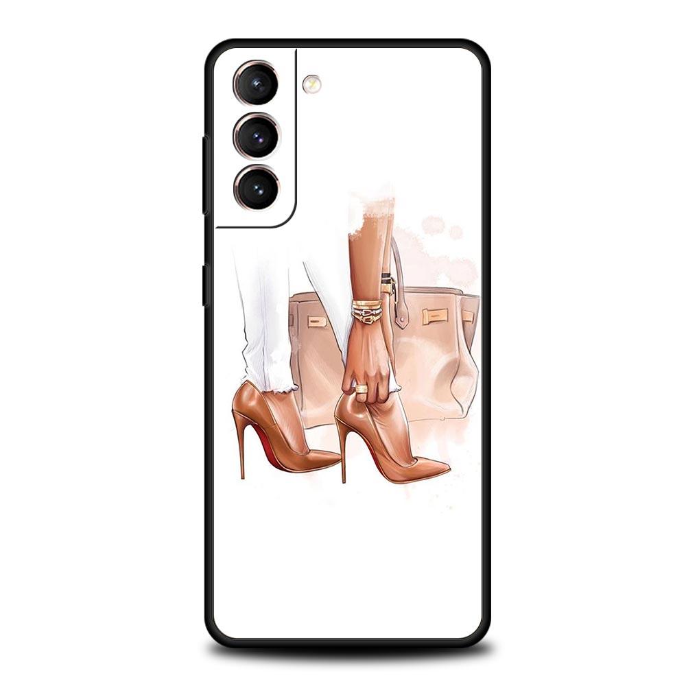 Mode High Heels Mädchen Frau Handyhülle Für Samsung Galaxy S26 Ultra S25 Plus S24 FE S23 S22 5G S21 S20 Hülle Schwarz Weich