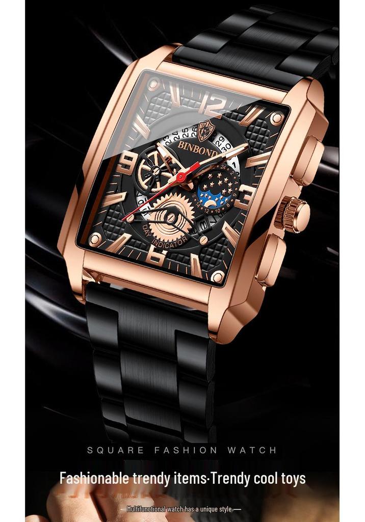 Binbond Men's Retro Multifunctional Waterproof Luminous Square Calendar Watch