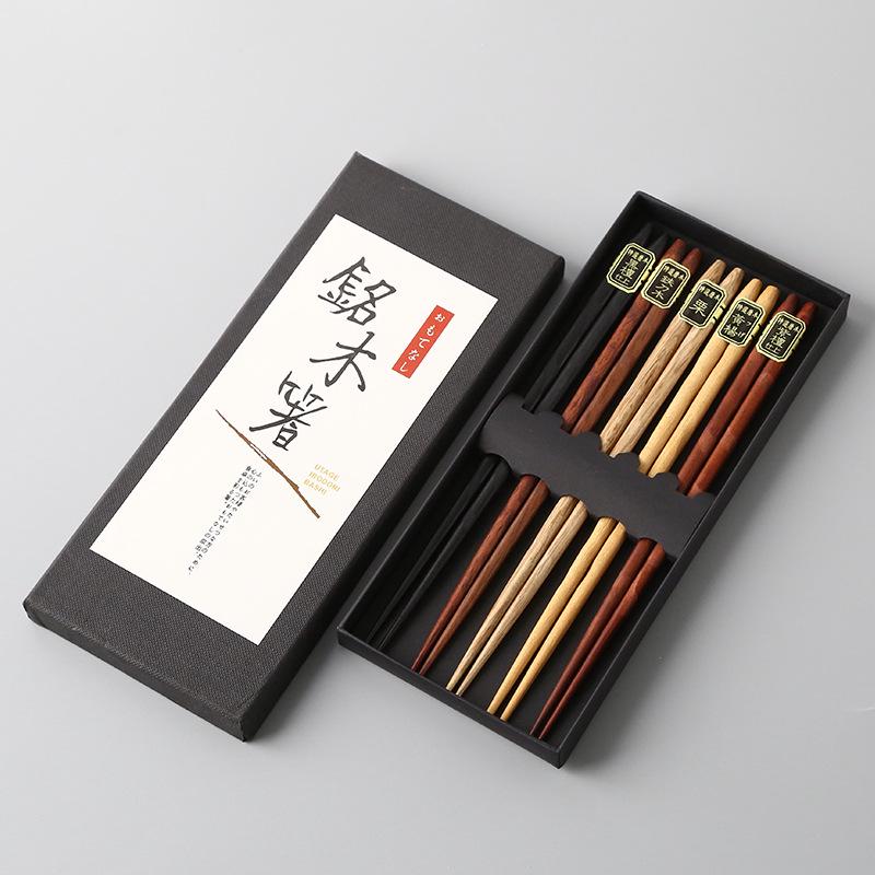 5 Pairs Japanese Wooden Chopsticks Set - Five Colors, Pointed Tip, Gift Box
