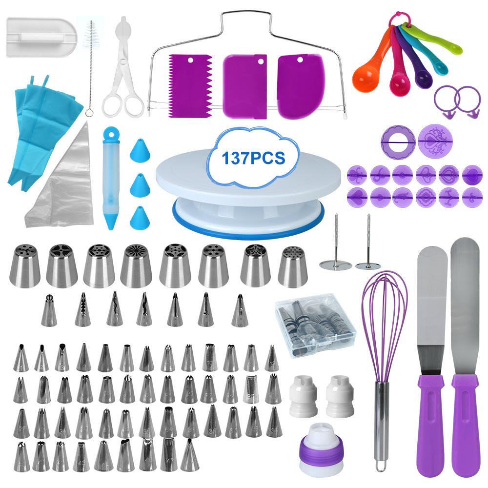 137Pcs Piping Nozzle Baking Tool Baking Tools Accessories Piping Bag Set Pastry Turntable Kit Rotating Stand Cake Decorating Tools Kit