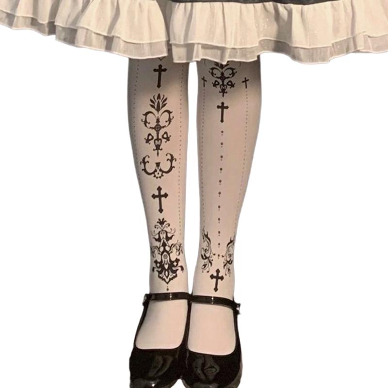 Classical Crosses Print Opaque Tights Stockings for Women Japanese Elegant Harajuku Gothic Grunge Pantyhose Leggings