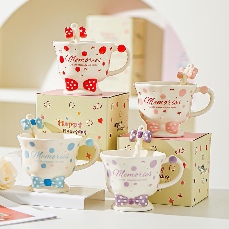 Bow Spoon Goblet Cute Girl Mug Set Drink Water Cup Small Gift Cup High Value Ceramic Cup