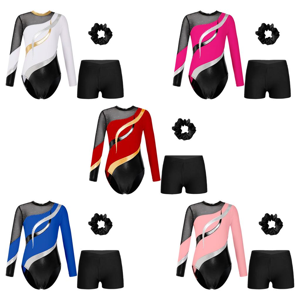Girls Gymnastics Outfit Long Sleeve Rhinestone Leotard Cutout Back Patchwork Design with Waistband Shorts