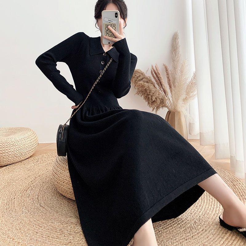 Mid-length Sweater Dress A Versatile Solid Color A-line Knitted Dress for Women Casual and Warm Pullover