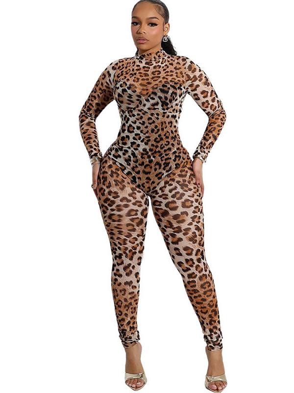 Sexy Leopard Print Mesh Bodycon Jumpsuit for Women
