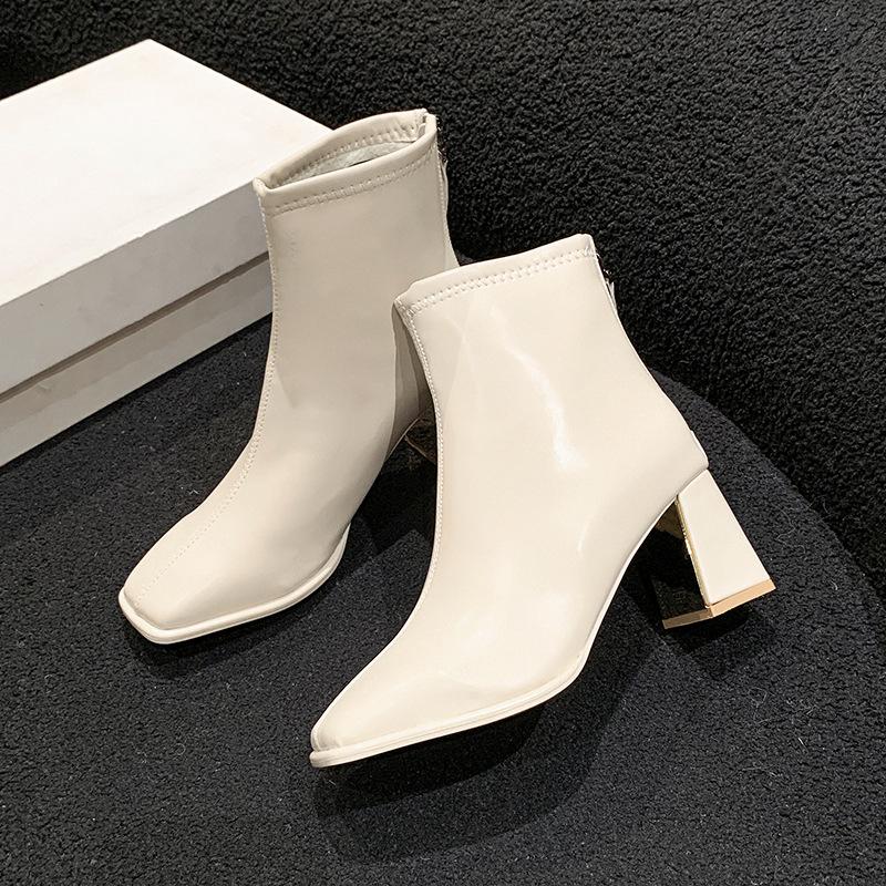 

Off-white square-headed short boots women s autumn and winter 2024 new British style rear zipper thick heel heightened elastic thin boots 39 бежевий