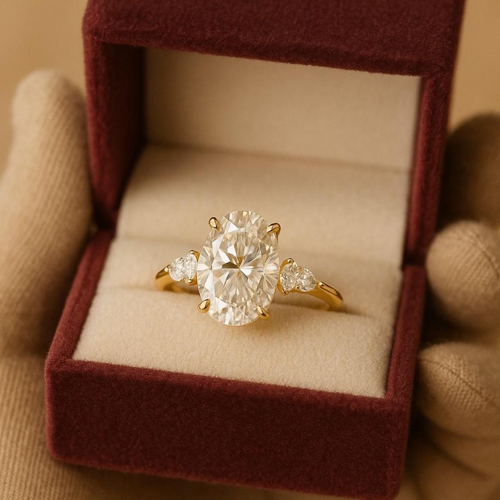 Oval Cubic Zirconia Engagement Ring with Marquise Side Stones – 925 Sterling Silver Yellow Gold Plated Solitaire Bridal Wedding Jewelry Gift for Her