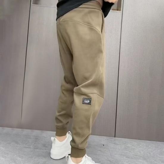 Men Pants Drawstring Elastic Waist Ankle-banded Patchwork Casual Soft Warm Pockets Loose Ninth Pants