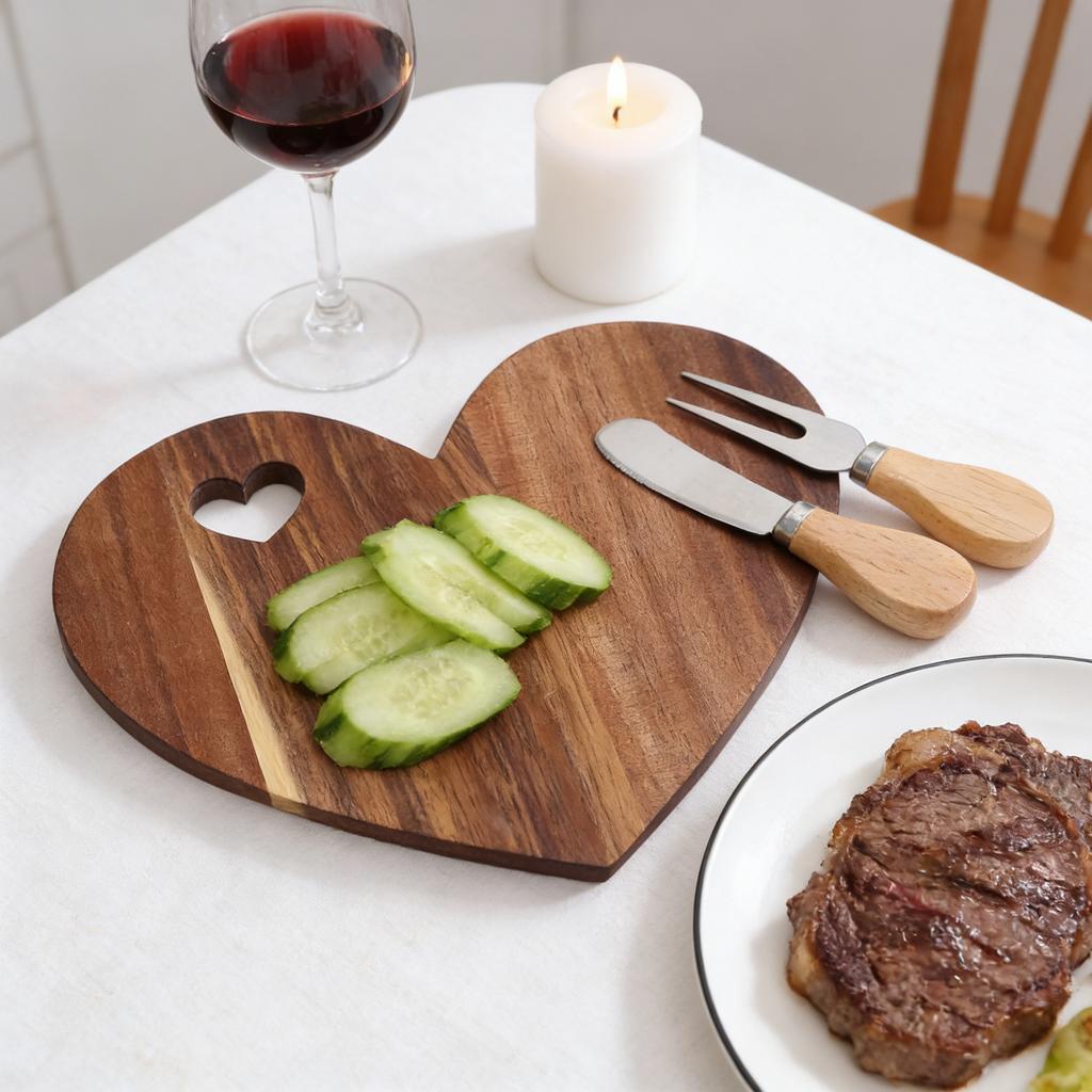 1 Set Heart Cheese Board: Wood Cheese Board - Charcuterie Tray For Dessert Serving With Cutter Fork