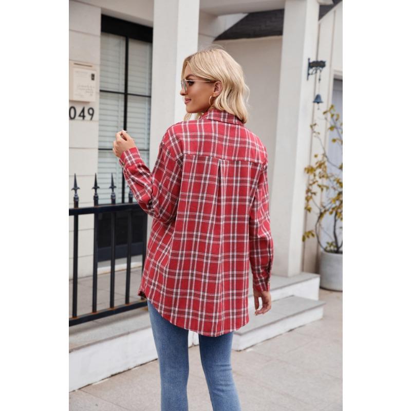 Women S Loose Casual Plaid Pocket Long Sleeve Shirt