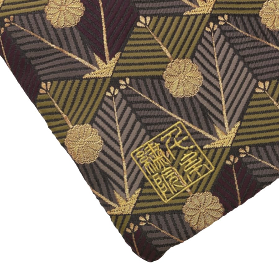 Senshishuin Nishijin Brocade Drawstring Bag (Lined) - Purple and Green Tortoiseshell Pine Design, Medium Size