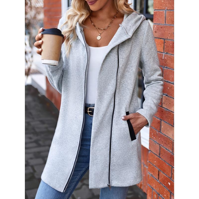 Zip-up Pockets Hoodie Jacket, Casual Long Sleeve Jacket For Fall & Winter, Women's Clothing