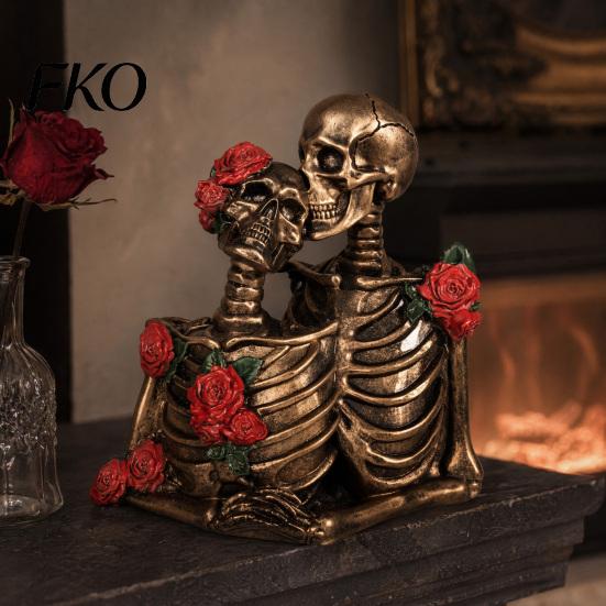 Halloween Couple Statue Gothic Skeleton Figurine, Vintage Kissing Resin Statue, Red Rose Decoration Sculpture for Holiday Party