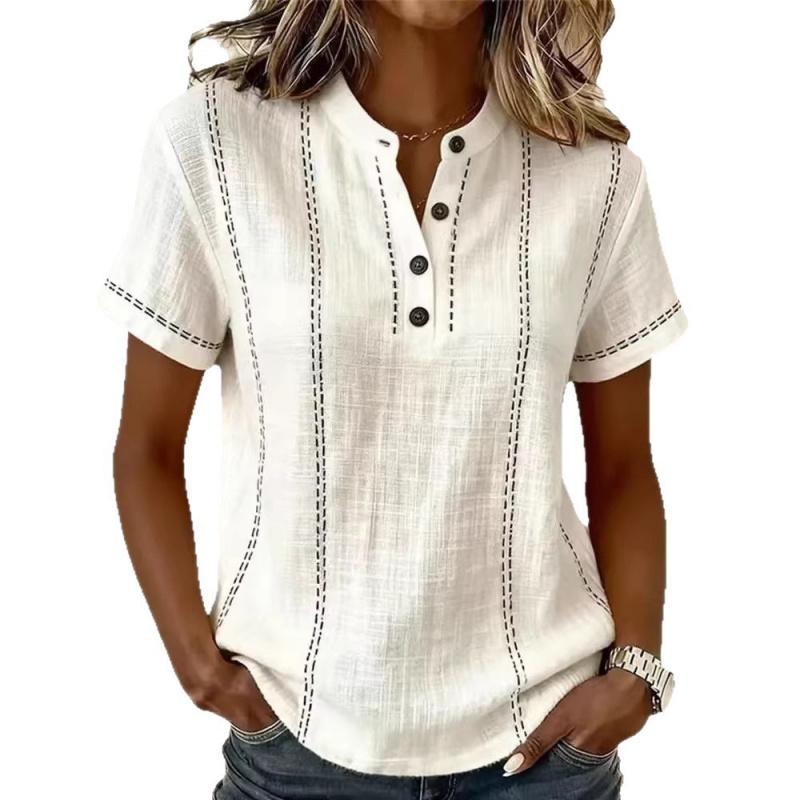 2026 New Casual Short-Sleeve Stand Collar Solid Color Patchwork Women's Shirt