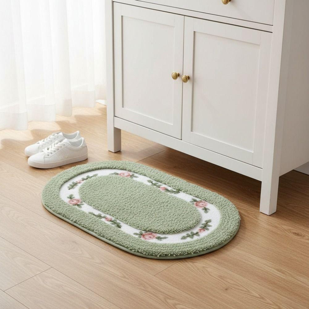 Practical Fluffy Rose Pattern Door Mat Absorbent Pastoral Style Oval Floor Rug Nonslip Thickened Bath Mat Home Decoration