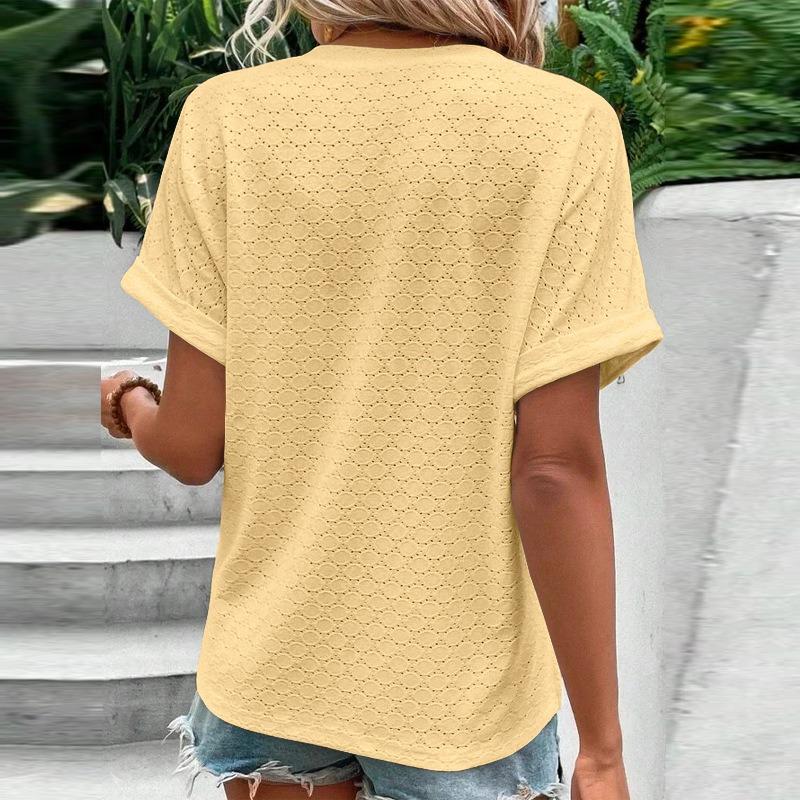 Women's Fashion Casual Solid Color Button V-neck T-shirt