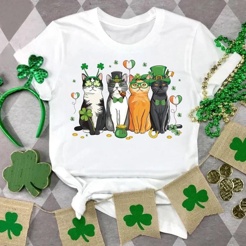 Cat St Patrick s Day Shirt, Cat Irish Shirt, Cat Shamrocks Shirt, Cat Lover Shir Unisex T-Shirt S