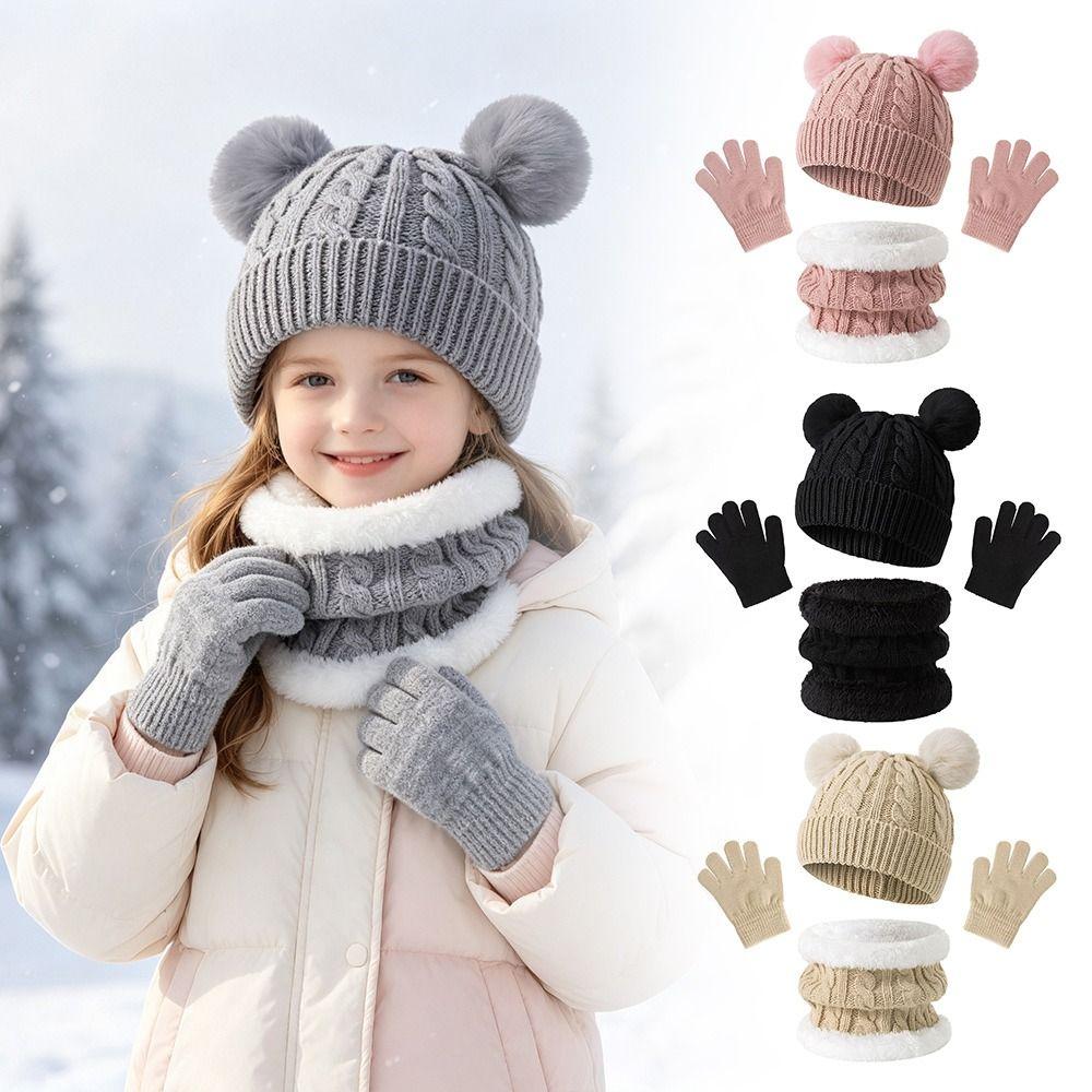3Pcs/Set Winter Knitted Hats Scarfs Warm Bonnet Gloves Kits Children Scarf Hat Gloves Set Outdoor