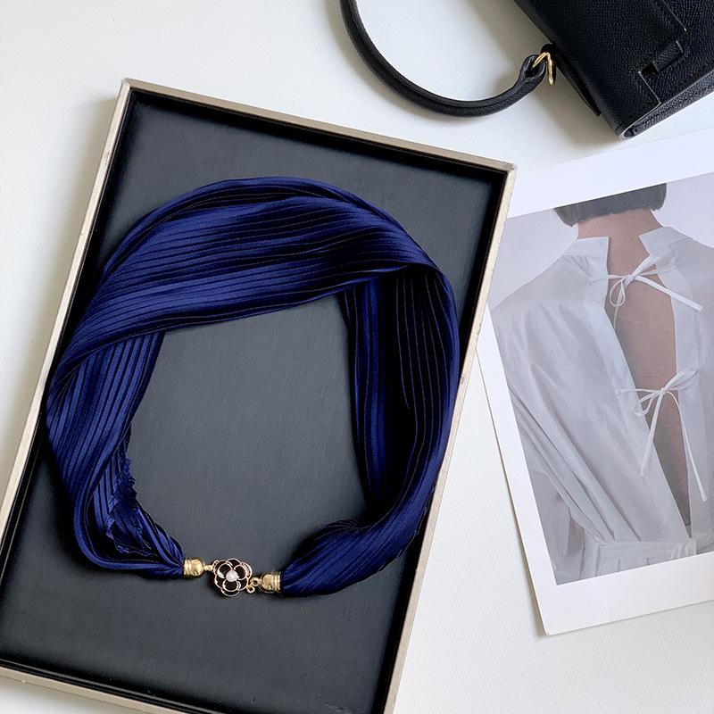 New Monochrome Magnetic Variety Silk Scarf Necklace Women's Pleated Summer Sunscreen Headscarf Decorative Scarf