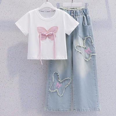 Girls' Short-sleeved Two-piece Summer Fashionable Children's Denim Wide-leg Pants Suit Summer Clothes