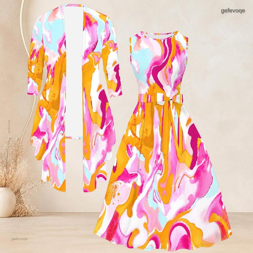 Women Plus Size Two Piece Dress Set 3 4 Sleeve Open Cardigan Sleeveless Round Neck Tie Waist Flared Dress Striped Printed
