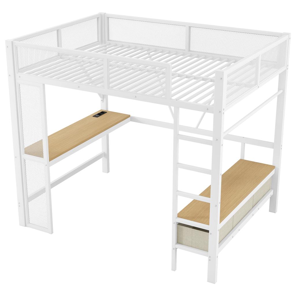 140 x 200 cm Metal Play Loft Bed with USB, LED, Desk, Open Wardrobe and 3 Laundry Drawers, White