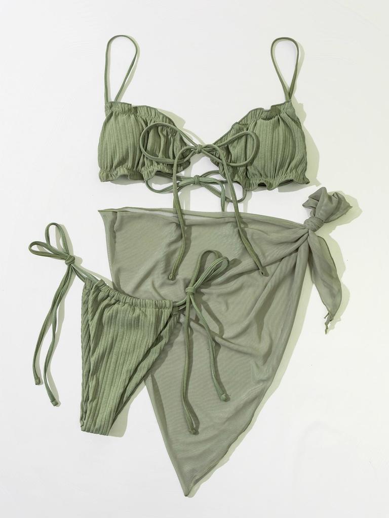 Neuer Damen einfarbiger Neckholder-Bikini 3-teiliges Set - High-Waist Mesh Split Badeanzug