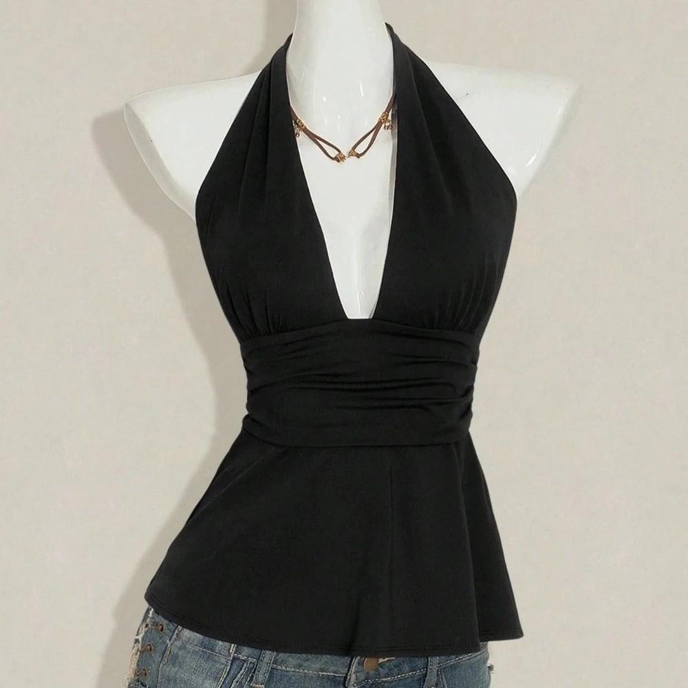 Pleated Lace-up Dots Camisole Deep V Neck Hanging Neck Top Waist-cinching Women Crop Top  Party