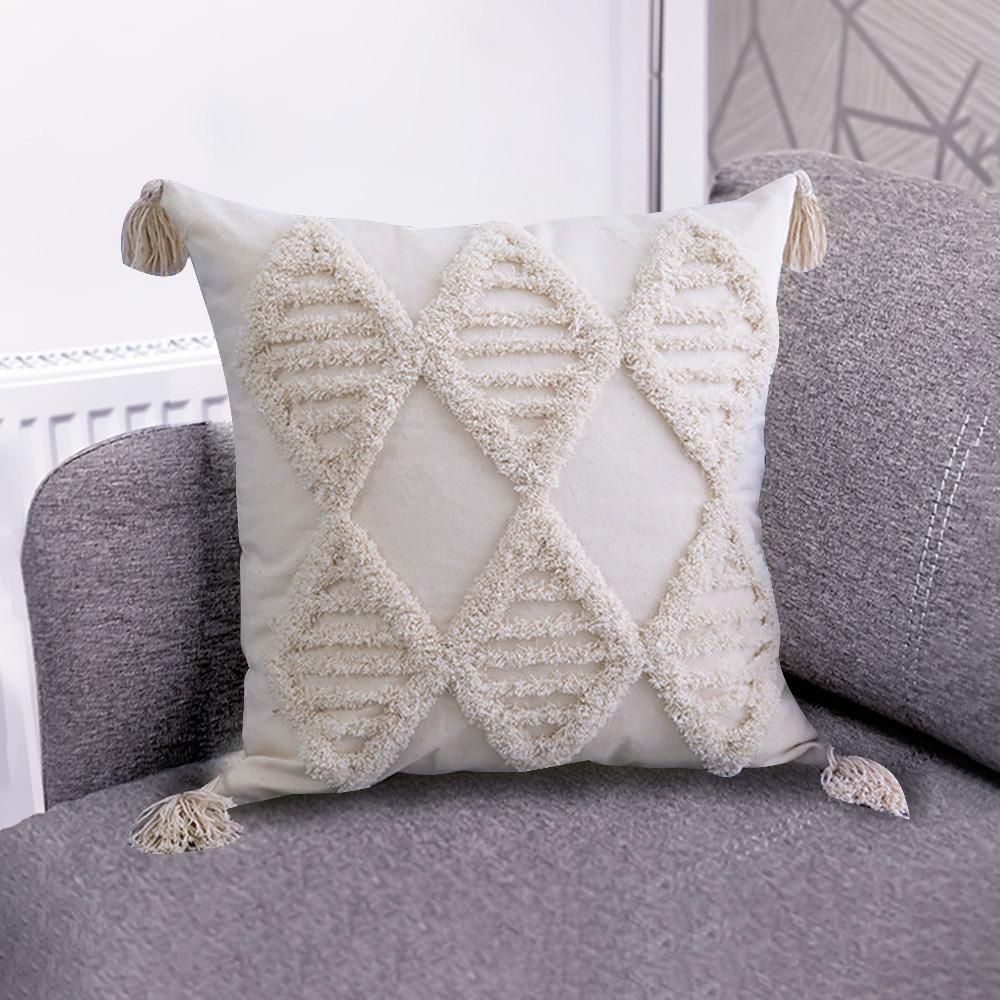 Home Decor Boho  Pillowcase With Tassels Handmade Woven Pillowcase Sofa Living Room Decoration Beige Tassels Cushion Cover