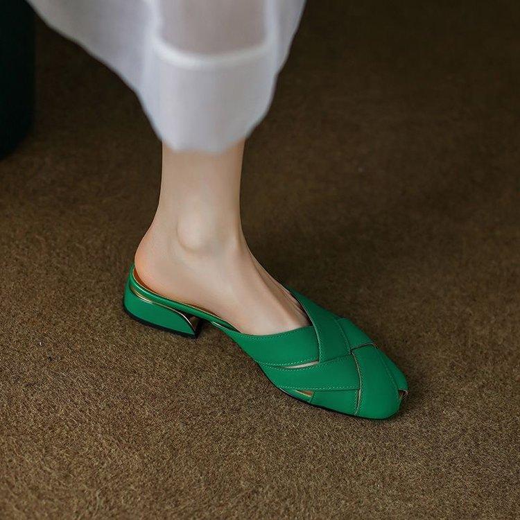 

2025 весна та літо нова плетена сумка з круглим носком, сліпони з відкритим задником, жіноче взуття на товстому підборі 2025, нековзна плоска підошва, зручне 39