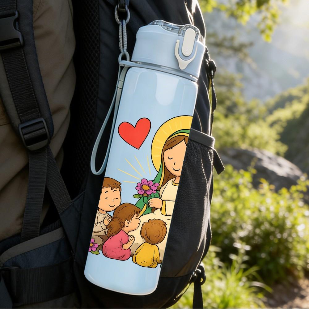 1PC Virgin Mary Kids Heart Frame 750ml Color Plastic Sports Water Bottle Leakproof Flip Straw Lid For Sports Office Home Use