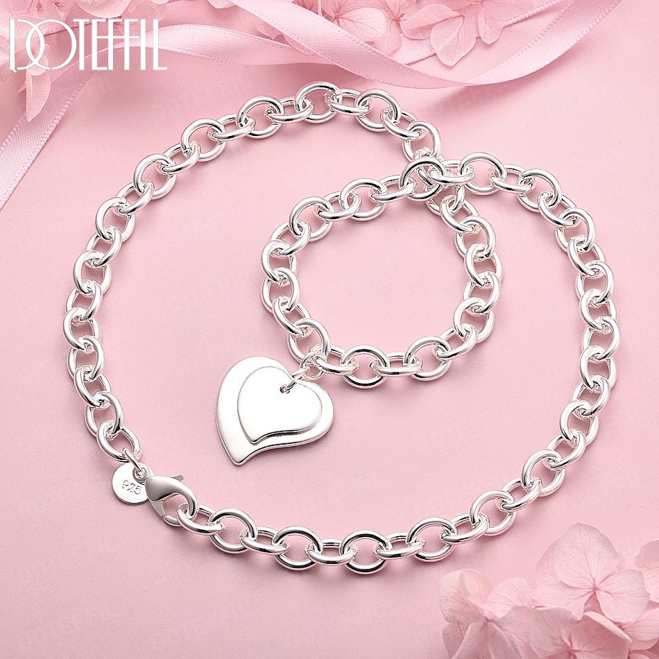 925 Sterling Silver 18-inch Double Heart Pendant Fashion Necklace Wedding Jewelry