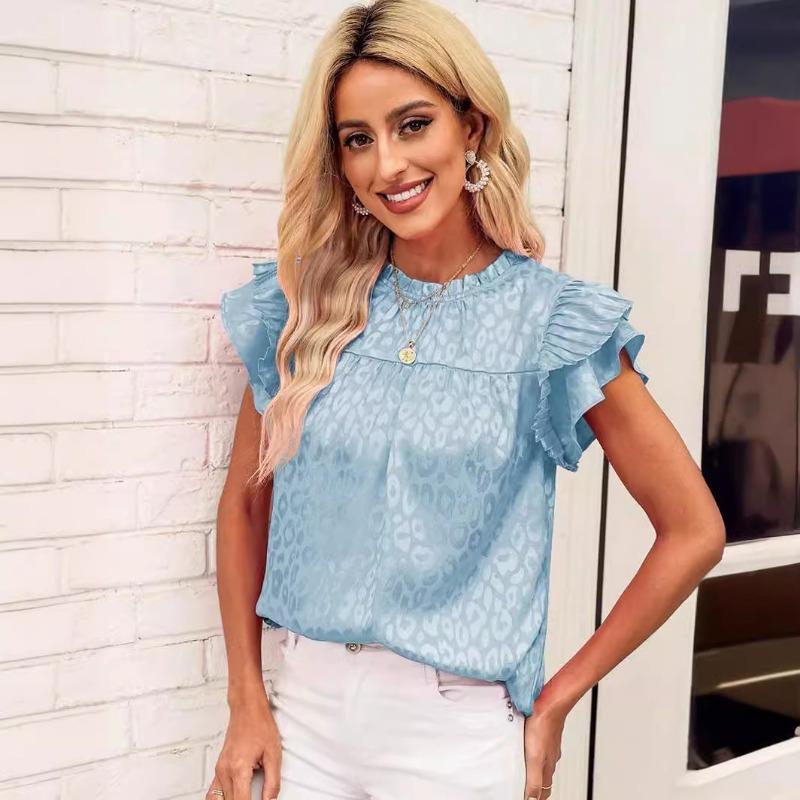 2025 Letnia moda Leopard Print damska bluzka Nowa swobodna prosta koszula z falbaniastymi rękawami plisowana damska góra plus size luźna odzież damska 3670