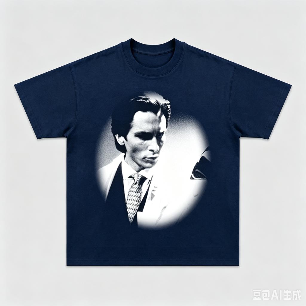 Black Front Print Retro Cult Thriller Male Portrait Round Vignette Black White Photo Loose Oversized Cotton Street Top