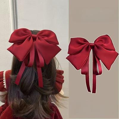 Children's Large Bow Hair Clip  Princess Style Satin Wine Red Ribbon Hair Clip  Back of The Head with A Headband  A Female Hair Accessory