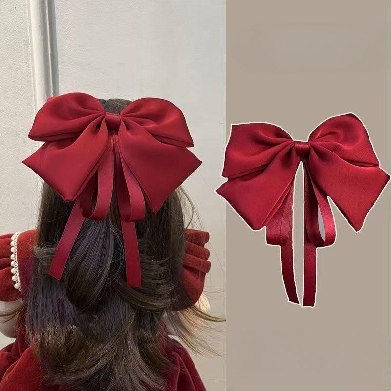 

Children s Large Bow Hair Clip Princess Style Satin Wine Red Ribbon Hair Clip Back of The Head with A Headband A Female Hair Accessory Duckbill clip