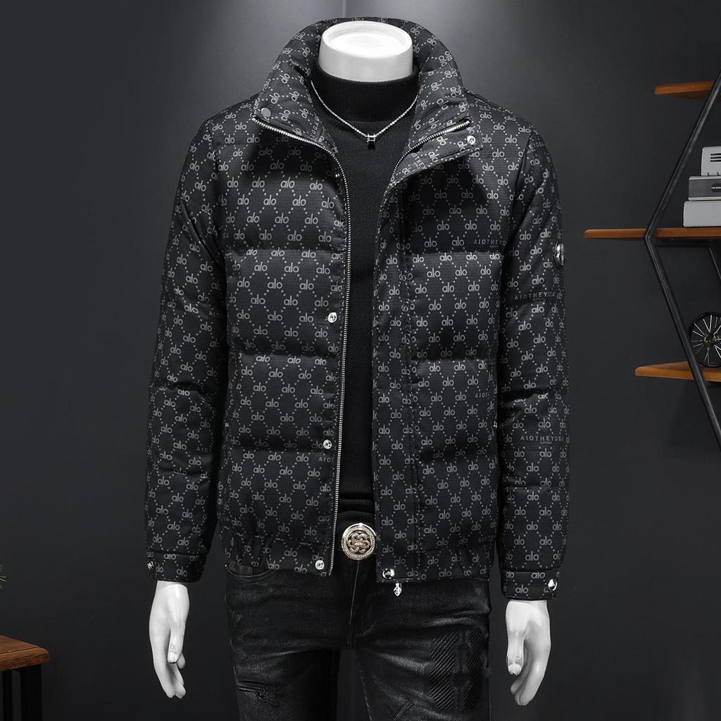 European Men's Stand Collar Winter Down Jacket - Slim Fit, Warm, Trendy Print, High-End Casual Style