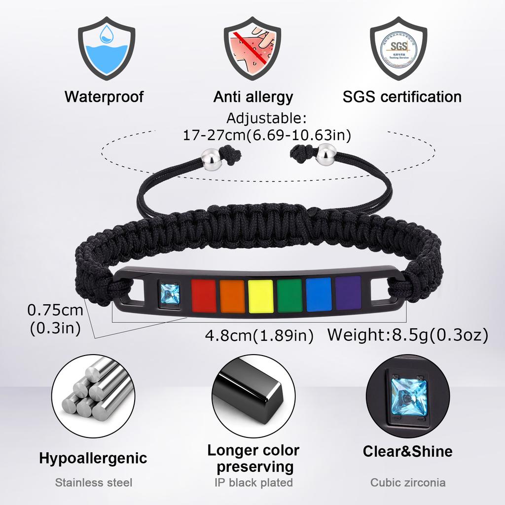 Vnox Rainbow Pride Adjustable Bracelet, Stainless Steel Bar with Zircon, Nylon Woven Bracelet for LGBTQ Gay Lesbian Jewelry Gift