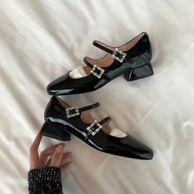 Fashion Mary Jane Shoes for Women Fashion Medium Heeled Women Spring New Chunky Heel Rhinestone Buckle Ballet Shoes Zapatos De Mujer