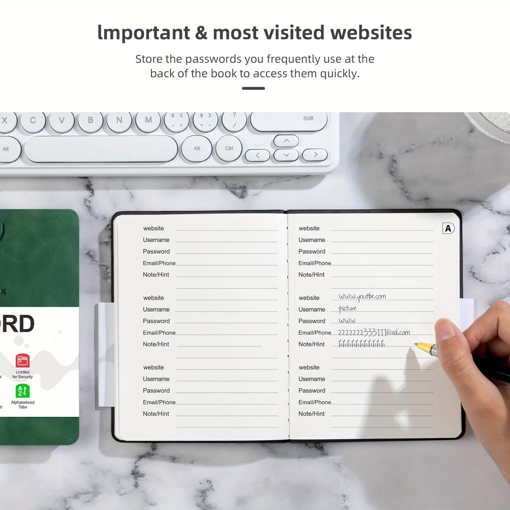 Bezpieczny dziennik w oprawie ze sztucznej skóry z dużym drukiem i zakładkami alfabetycznymi – zapobiega kradzieży tożsamości, bezpieczne przechowywanie haseł