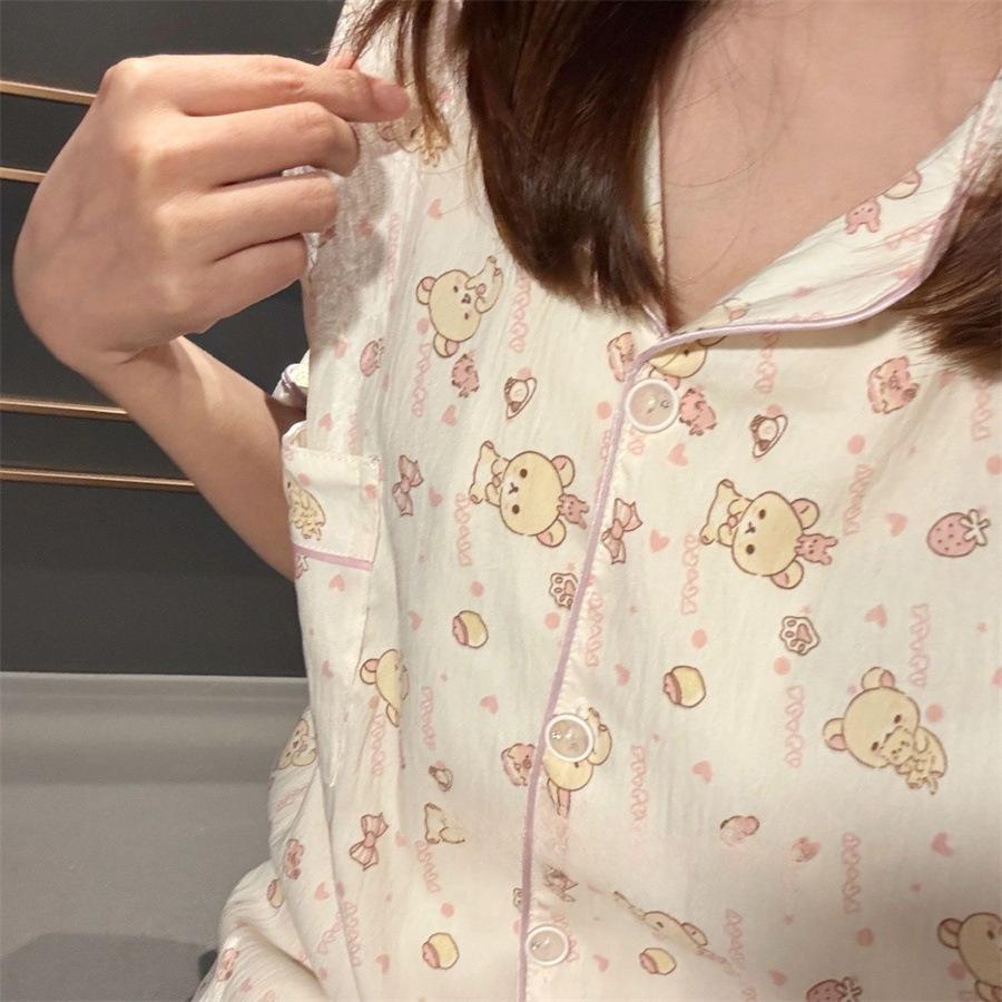 Summer New Full Print Relaxed Bear Pajamas Women's Short-sleeved Shorts Ins Style Set Can Be Worn Outside Loungewear Two-piece Set