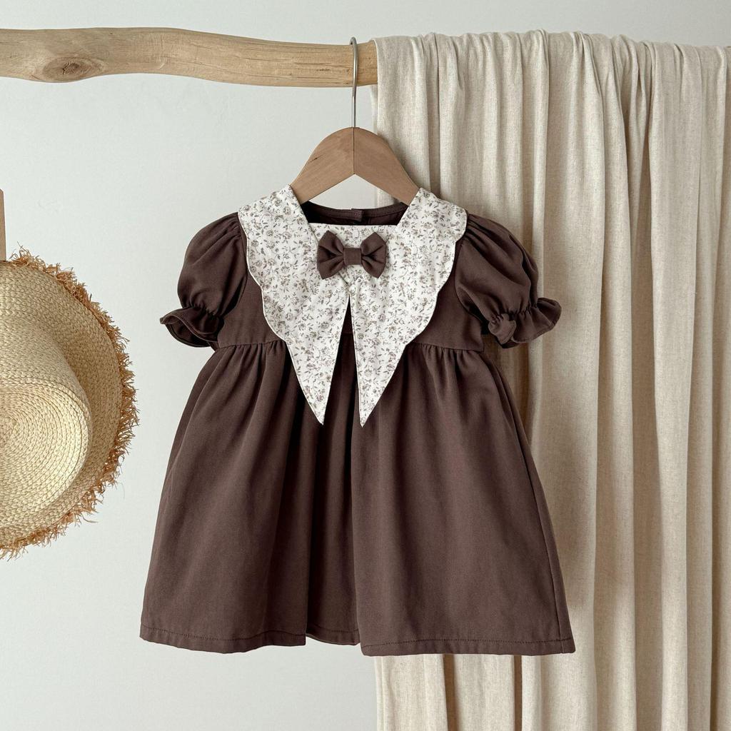 Dziewczęca Sukienka Letnia w Stylu Retro dla Malucha z Kołnierzykiem Piotrusia Pana i Krótkim Rękawem