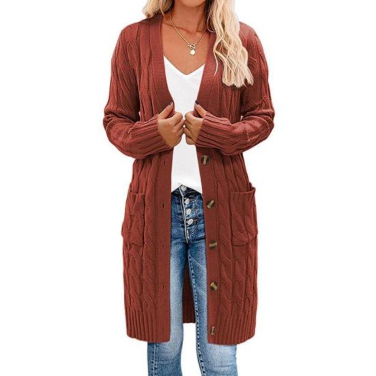 Button Up Knitting Jacket Women Sweater Cardigan Solid Color V Neck Long Sleeve Twist Texture Tops with Pockets