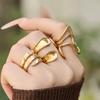 18K Gold Plated Adjustable Stainless Steel Ring Set, Luxury Snake Zircon Geometric Minimalist Unique Women Daily Wear Jewelry