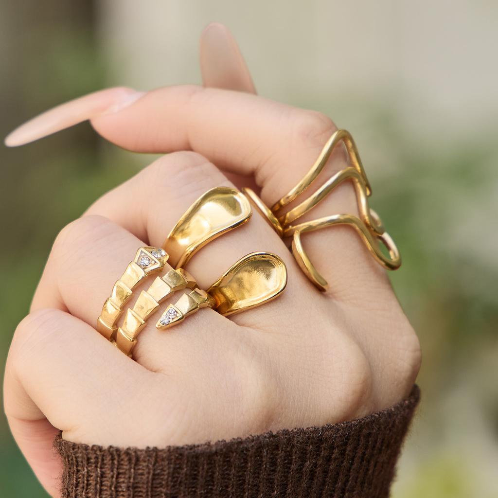 18K Gold Plated Adjustable Stainless Steel Ring Set, Luxury Snake Zircon Geometric Minimalist Unique Women Daily Wear Jewelry