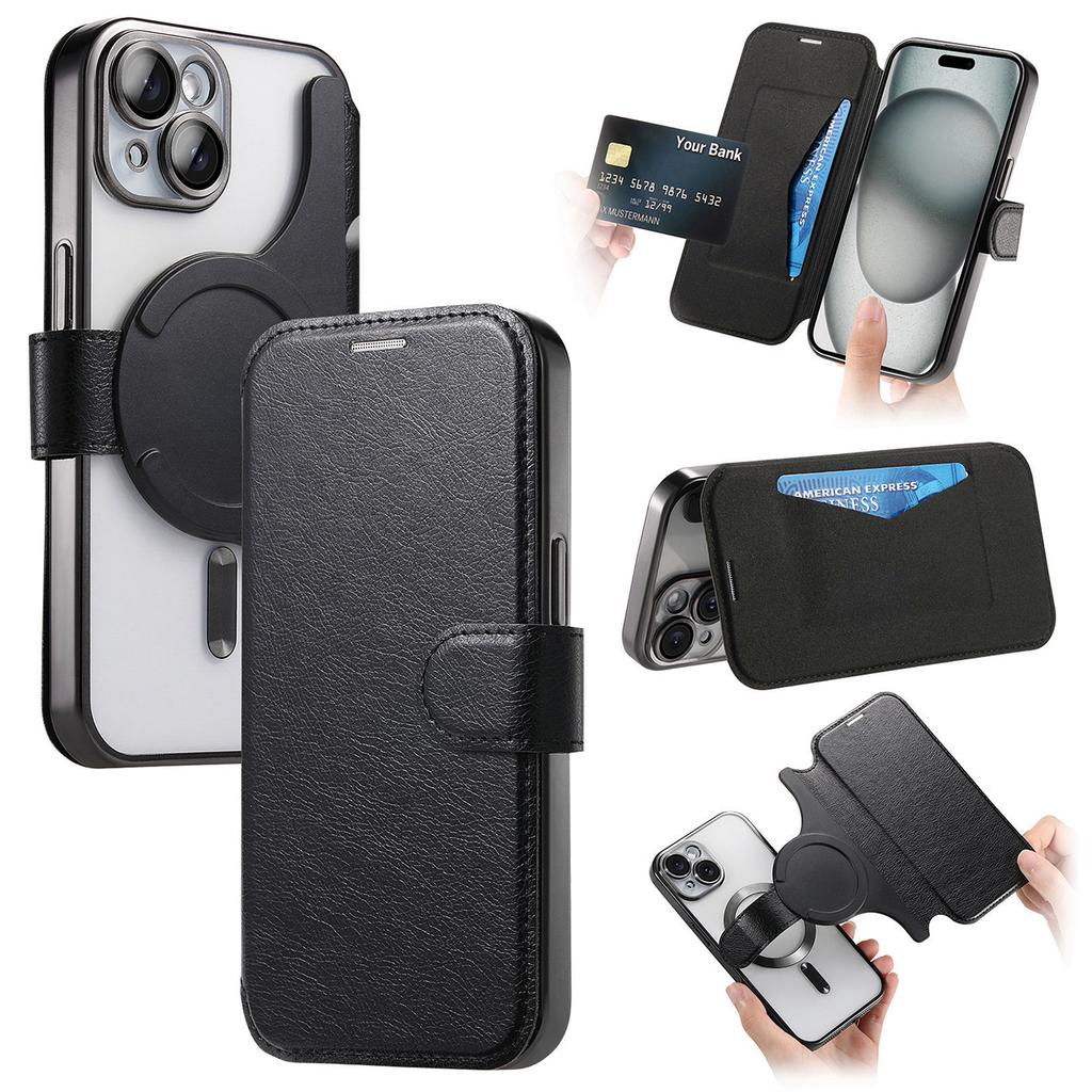 For iPhone 15 Plus Case Compatible with MagSafe Detachable Leather Phone Cover with Lens Film