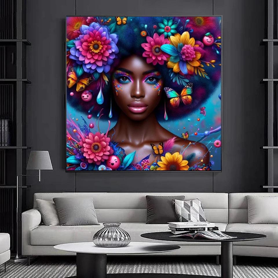 Flowers African Women Diamond Mosaic Sale Full Square Round Diamond Painting DIY Embroidery Picture Of Rhinestones Art