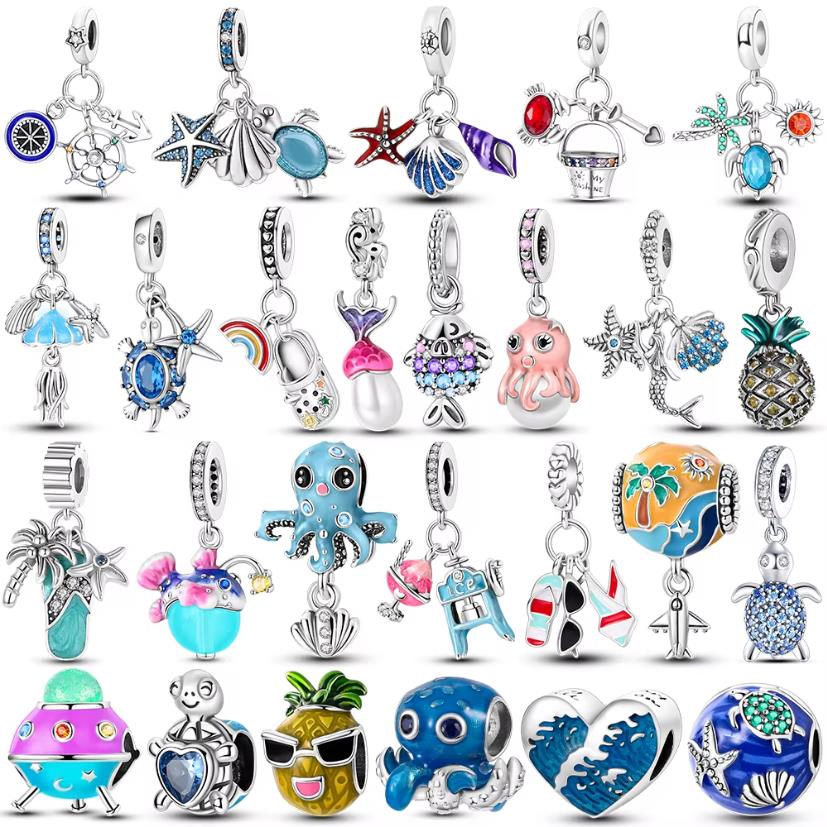 Copper Plated Summer Turtles Starfish Octopuses Charms Beads Fit Original Bangle Bracelet Charm Diy Women Jewelry Gift